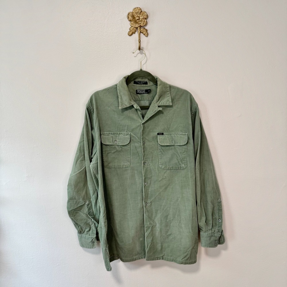 Vintage 90s Polo Ralph Lauren Green Corduroy Button Down Shirt 20 Sage Utility
